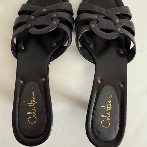 Cole Haan Black Slide Sandals with Gold Accents - Picture 7 of 14